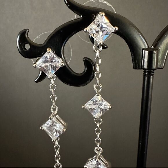 Sterling Silver 925 CZ dangle Drop Statement Earrings - Picture 2 of 2